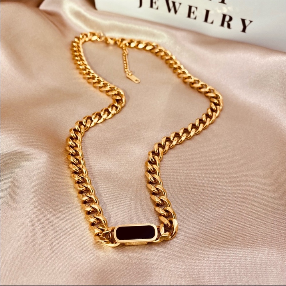 Titanium Black Onyx Cuban Link Chunky Necklace in Gold - Picture 3 of 14